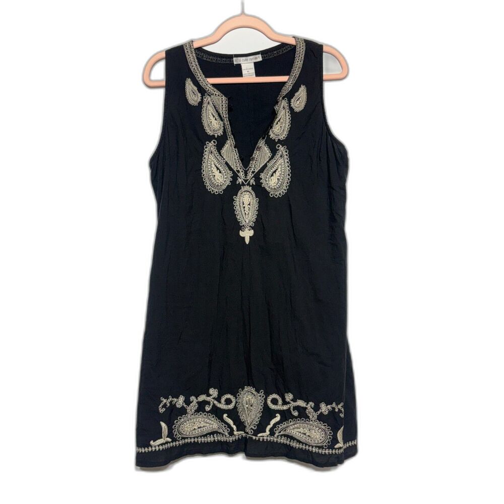Cute Options Dress Womens XL Black Paisley Embroidered Cotton Boho Shift Tunic